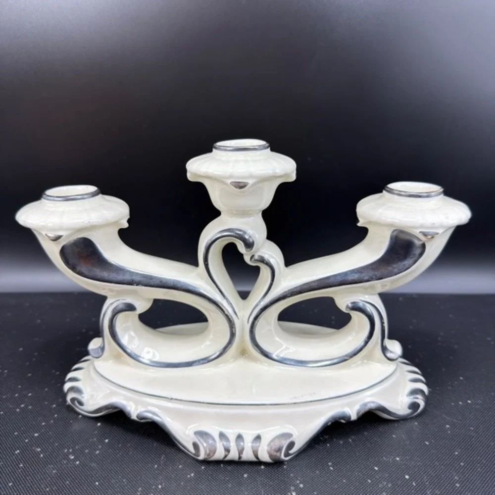 Mitterteich Bavaria Porcelain 3 Light Candelabra Silver Trim Cream 5.5x9 Vintage